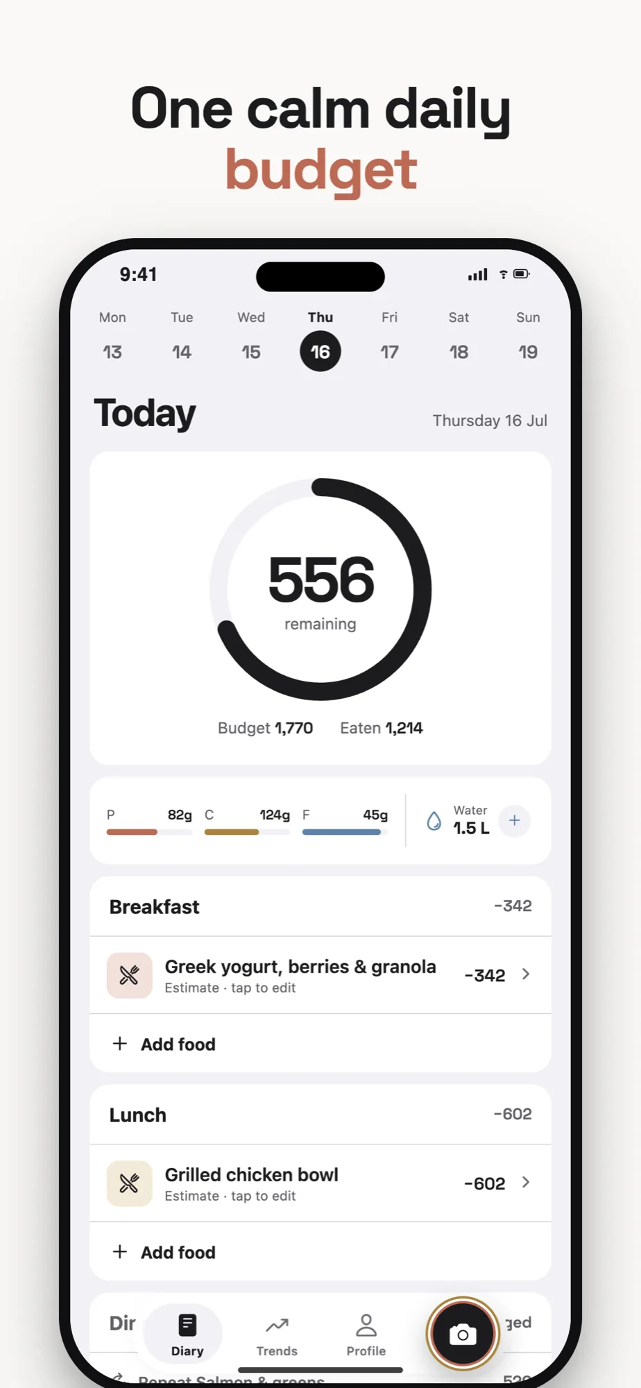 Tek diary showing a calm daily calorie budget and logged meals