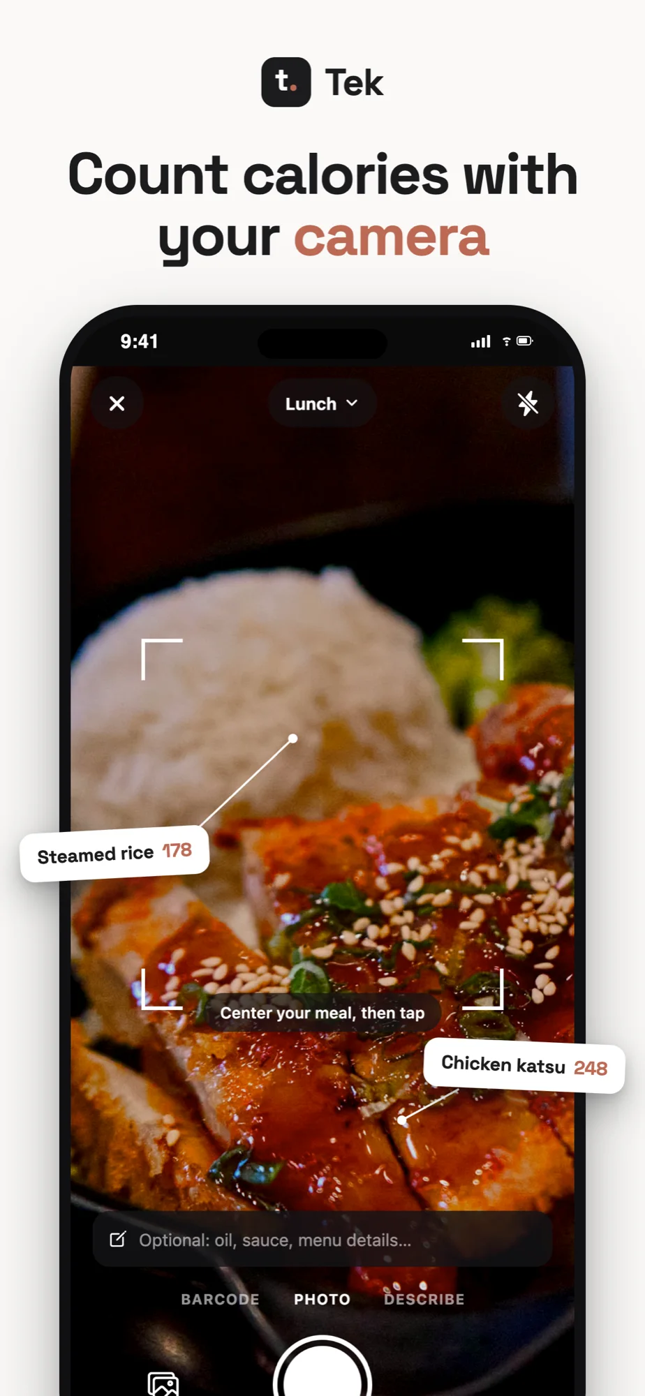 Tek camera identifying foods in a chicken and rice meal