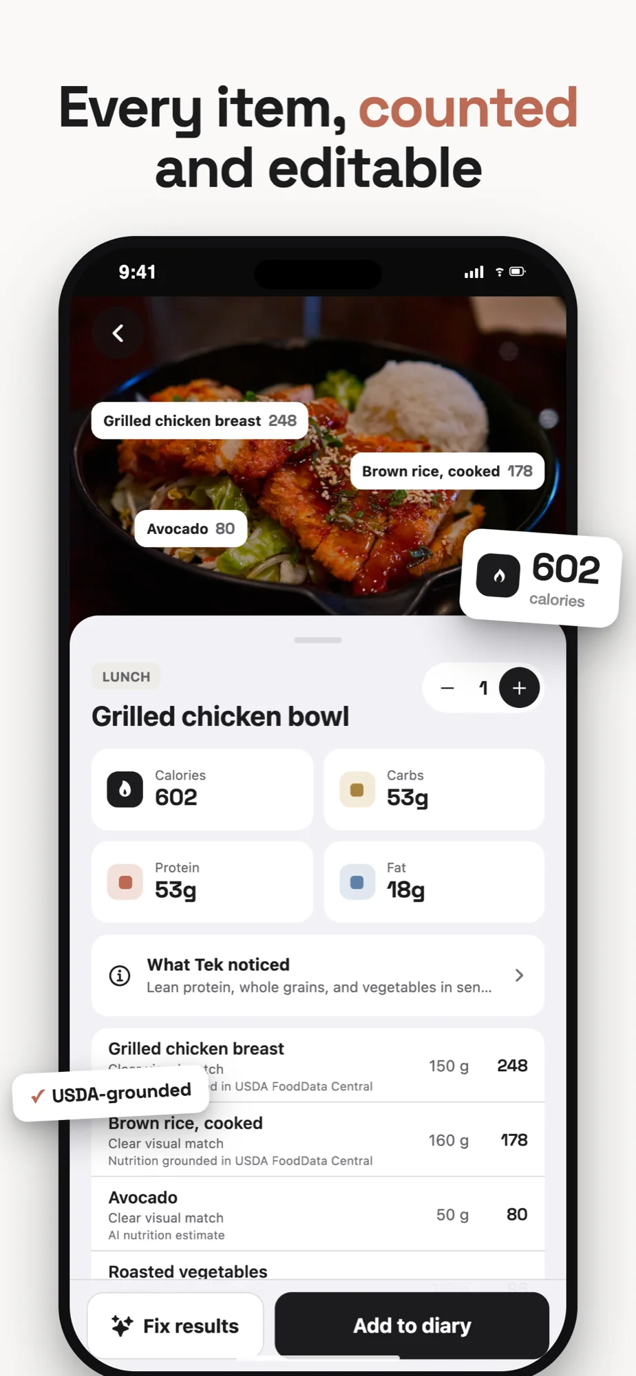 Tek showing an itemized grilled chicken bowl with editable portions and macros